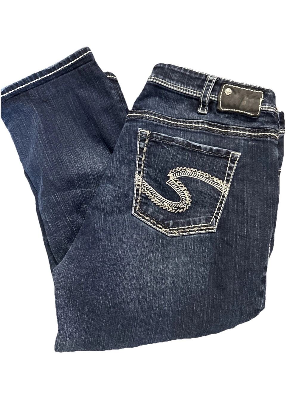Silver Jeans Suki High Capri Jeans Womens 20-Blue Embroidered Denim Y2K Vibes